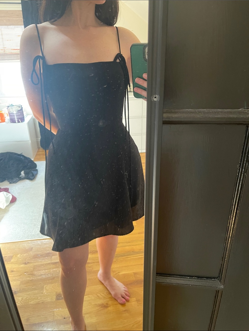Black Tie-Strap Mini Dress with Square Neck
